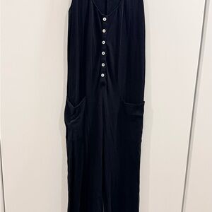 Hatch Black Sleeveless Button-Front Wide-Leg Jumpsuit
